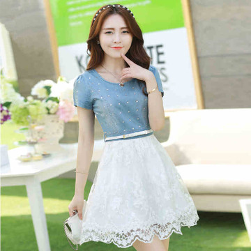 2015夏季新款女装韩版大码修身显瘦时尚优雅拼接蕾丝牛仔连衣裙