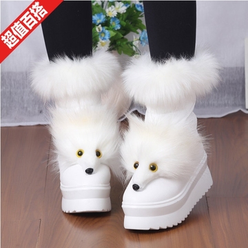 包邮冬季毛毛狐狸头雪地靴白色加厚保暖长靴韩版新款中筒女士靴子