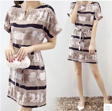 衣服2016夏装新款蘑菇街女装大码宽松显瘦时尚条纹印花连衣裙潮