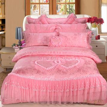 全棉家纺纯棉床上用品高档粉色刺绣同心婚庆四六七八九十件套特价