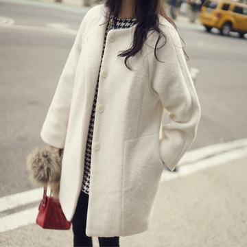 2015秋冬新款圆领呢外套女韩版中长款修身简约学生羊毛呢大衣加厚