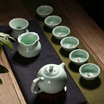 龙泉青瓷茶具套装特价功夫陶瓷鲤鱼茶壶茶海茶杯盖碗整套礼盒包邮