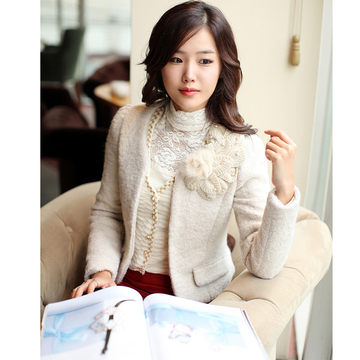 2015新款韩版女装奢华短款粗花羊绒长袖加厚毛呢秋冬短外套特价