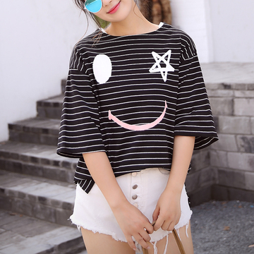 夏季新款韩版女装宽松显瘦卡通笑脸条纹短袖蝙蝠衫T恤女学生