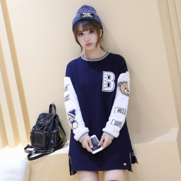 韩版学生少女中长款 修身显瘦圆领套头羊羔毛拼接卫衣女
