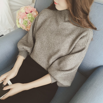 2015秋装韩国新款纯色半高领灯笼袖套头针织衫上衣女