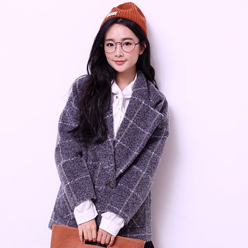 2015冬装新品韩版学生显瘦修身加厚夹棉短款大衣格子粗毛呢外套女