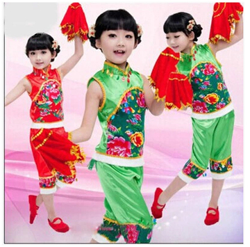 儿童秧歌演出服 民族舞蹈手绢扇子秧歌服 红绿色儿童广场舞秧歌服