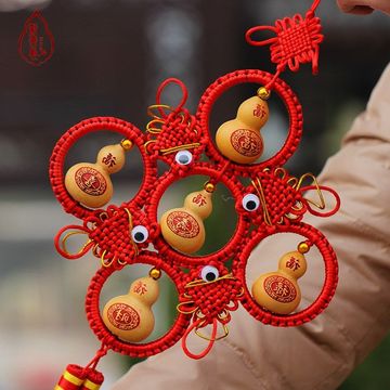 天然手捻文玩小葫芦带中国结烙画雕刻大葫芦挂件风水家居饰品年货