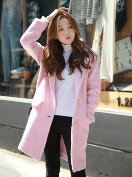 2015秋冬装韩版修身毛呢外套女中长款新款双排扣毛呢大衣甜美粉色