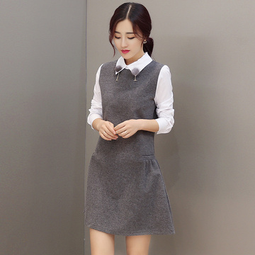 包邮冬季新款时尚学院风假两件拼接长袖衬衫韩版连衣裙女