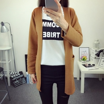 2015秋季新款韩版宽松显瘦纯色百搭中长款长袖开衫外套女学生