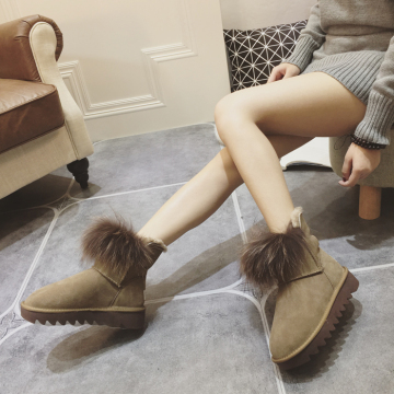 冬季新款 狐狸毛厚底短靴 增高牛皮女靴子 保暖防滑棉鞋