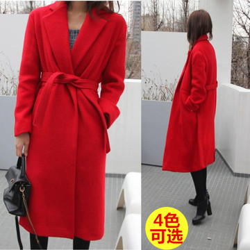 2015冬季新款韩范修身系带加厚羊毛呢子大衣外套女中长款小香风潮