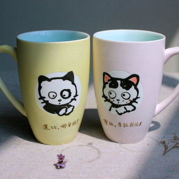 创意可爱猫咪水杯情侣对杯陶瓷马克杯刻字生日礼物七夕定制纪念杯