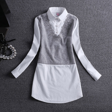 2016年春装新款女打底衬衣 韩版假2件套针织拼接长袖衬衫