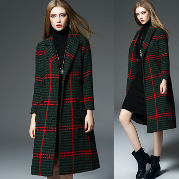 绝佳版型!2015温暖秋冬新款时尚修身经典格纹双排扣羊毛大衣外套