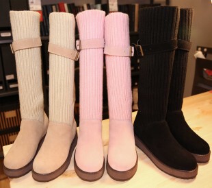 2015韩版厚底针织长靴平跟长筒靴女粉色圆头内增高女靴绒里冬靴