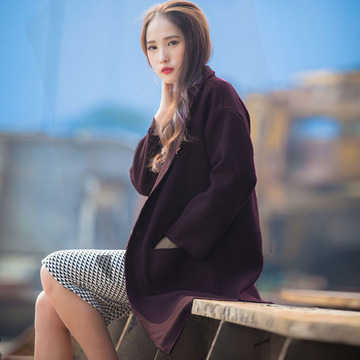 2015秋冬新款女装韩版宽松中长款呢子大衣显瘦简约西装领毛呢外套