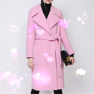 2015糖力冬装新品欧洲站粉色修身腰带超长款羊毛绒呢子大衣外套女