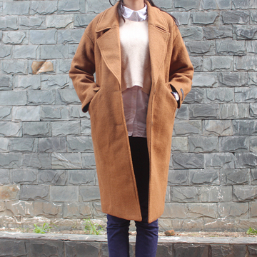 Austindo 2016春季韩版女春装新款驼色中长款加厚修身毛呢大衣