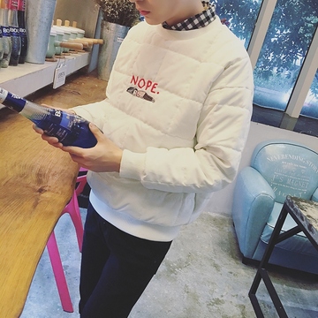 LeeSin▲2015冬季新款男装韩版学院风刺绣格子套头圆领棉衣潮外套