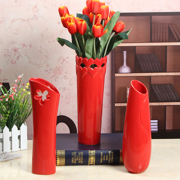 陶瓷摆设花瓶 红色花器花插摆件 家居工艺装饰品 简约现代可装水