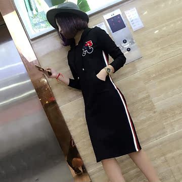 2015秋装新款女裙 韩版时尚毛球帽休闲款长款卫衣连衣裙打底衫女