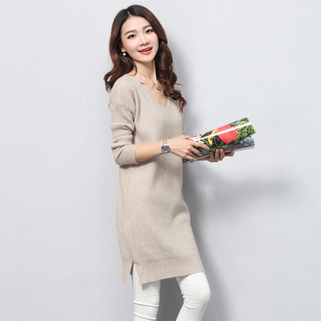 2015秋冬新款韩版大码女装套头针织衫宽松中长款打底衫长袖女毛衣