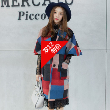 小米家2015韩国东大门女装秋冬装新款格子披肩式长款毛呢大衣外套