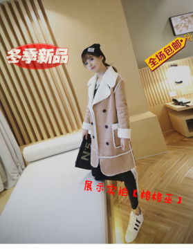 2015秋冬新款韩版韩国羊羔毛鹿麂皮绒棉衣女中长款外套夹克