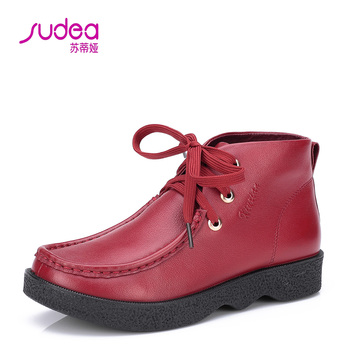 sudea2015新款平底鞋休闲鞋妈妈鞋孕妇鞋超舒适平跟鞋系带真皮靴