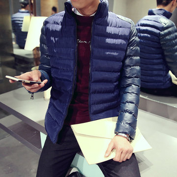 2015冬装新品男士韩版修身时尚拉链立领拼接保温加厚棉衣户外外套