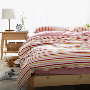 天竺棉针织四件套 纯棉夏季床品套件1.8m简约条纹全棉粉色床单 笠
