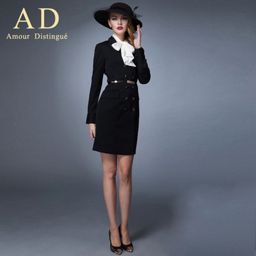 AD2015黑色修身双排扣连身裙 复古气质长袖职业装连衣裙女装秋冬