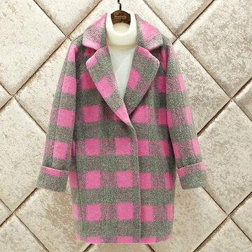 2015冬季新款 韩版格子中长款宽松羊毛呢子大衣茧型毛呢外套女潮