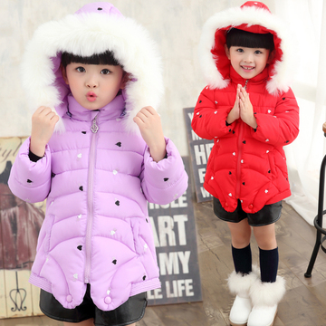韩版童装2015新款女童棉衣外套加厚儿童冬装爱心中长款童手塞棉袄