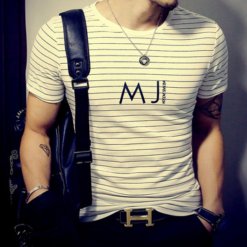 新款男装条纹字母MJ短袖T恤t桖打底衫韩版修身纯色体恤潮