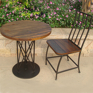 美式复古户外茶几铁艺咖啡餐桌椅实木做旧 桌椅组合吧台椅酒吧椅