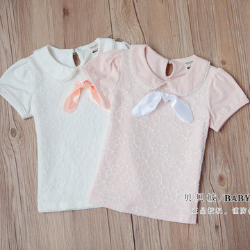 2015新款女童短袖t恤棉儿童蕾丝打底衫夏装婴儿宝宝上衣0-1-2-3岁