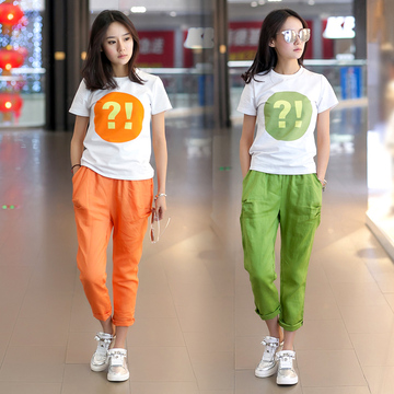 2015春夏新款欧洲站圆领短袖T恤套装女韩版时尚运动休闲棉麻套装