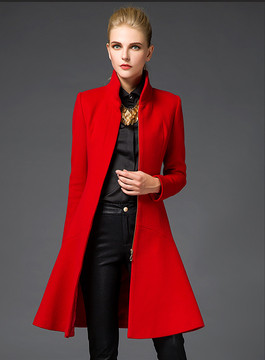欧美毛呢外套女中长款潮秋冬新款纯红色修身女装黑色羊绒大衣