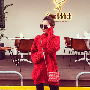 2015冬装新款韩版女装韩国加厚V型宽松中长款显瘦高领套头毛衣女