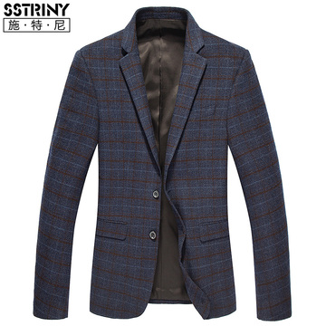 施特尼2015秋季新款男士格子商务休闲西服羊毛呢料修身小西装外套