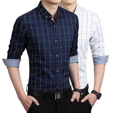 2016新款春季男士大码衬衫 韩版修身个性格子印花纯棉长袖衬衣男