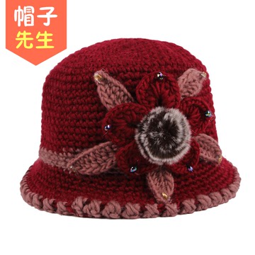 新款女士老太太帽子中老年冬季韩版针织加绒加厚保暖毛线帽