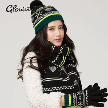 2016帽子围巾手套三3件套装一体秋冬季新款加厚仿羊绒保暖提花女