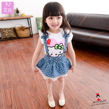 童装2015夏装 韩版女童背带短裙儿童t桖套装 1-3-5岁宝宝连衣裙子