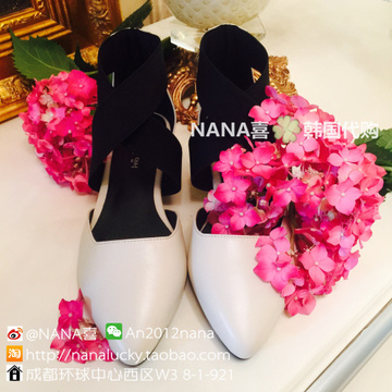 NANA喜 韩国代购 进口正品 真皮小白尖头芭蕾系带粗跟单鞋凉鞋女