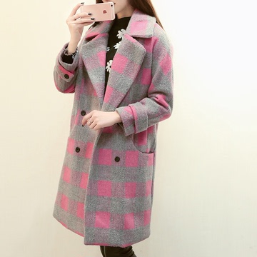 2015冬新款韩版茧型毛呢外套女双排扣宽松加厚中长款格子毛呢大衣
